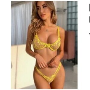 Strappy Lemon Yellow Mesh Lingerie with Embroidered Hearts